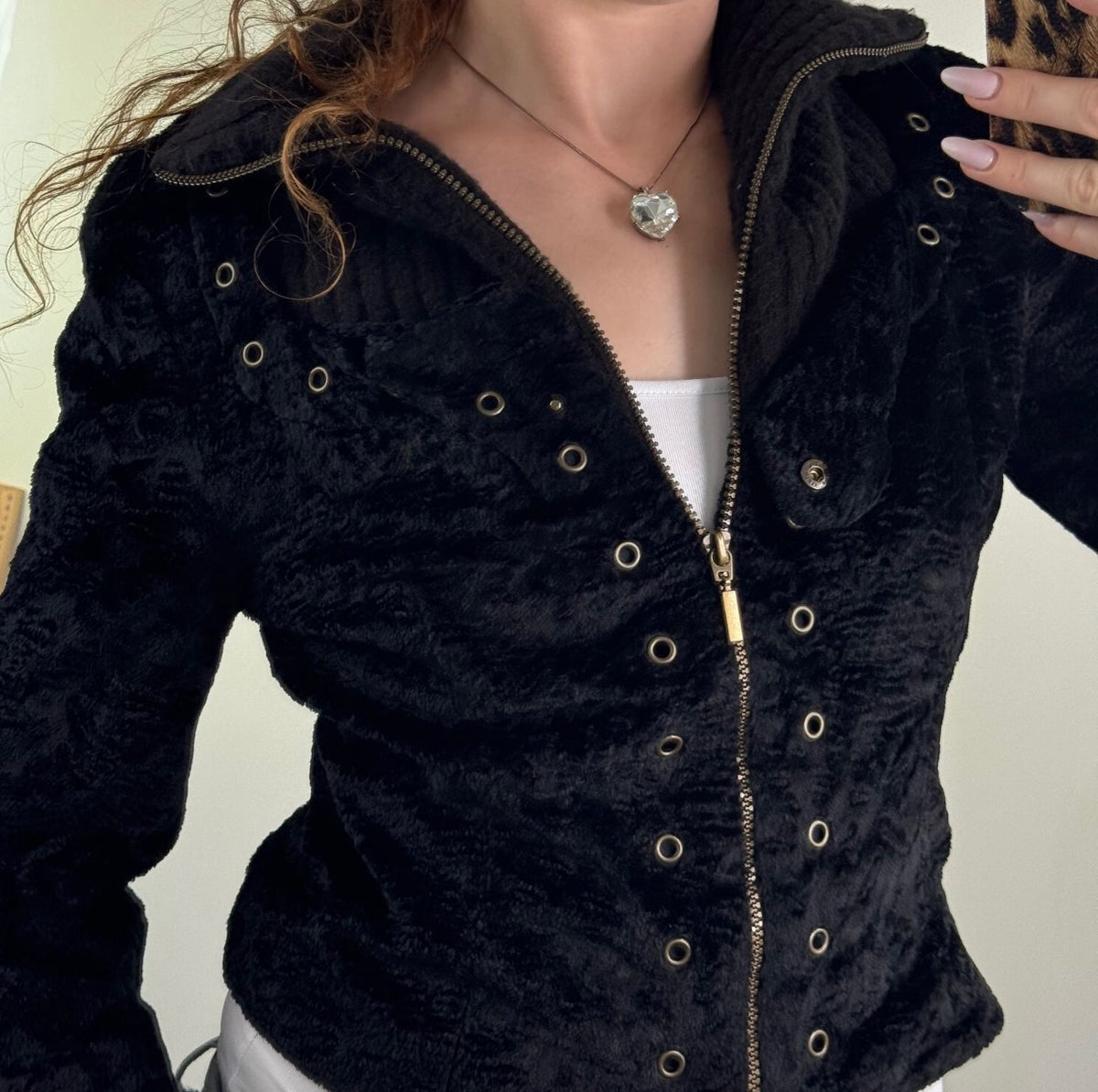 Y2K vintage bomber jacket zip up short grommet high neck knit faux fur archive