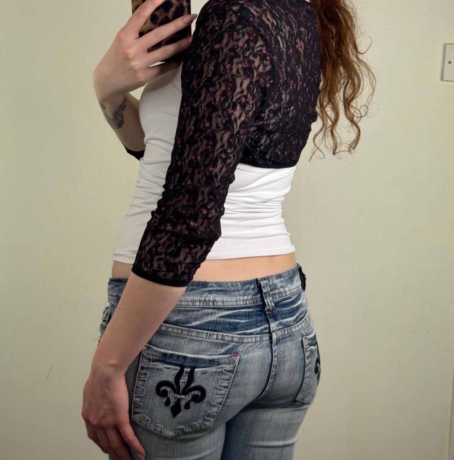 Y2K vintage lace cardigan sheer ditsy floral bolero 3/4 sleeve cropped floral