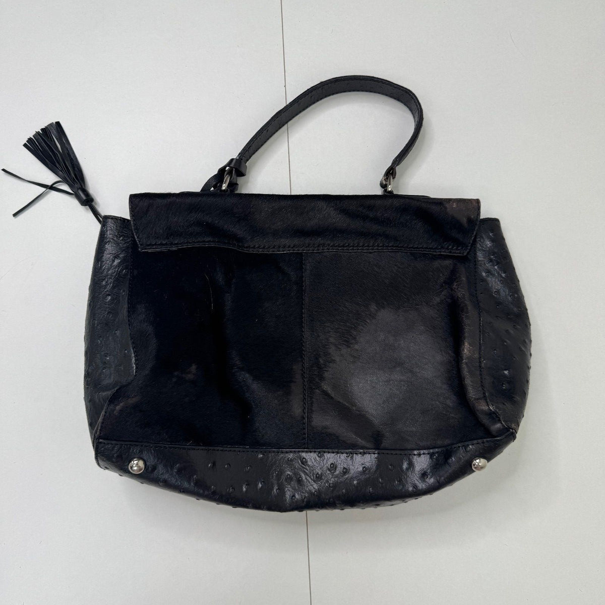 Y2K vintage pony hair handbag leather ostrich effect pattern fringe medium