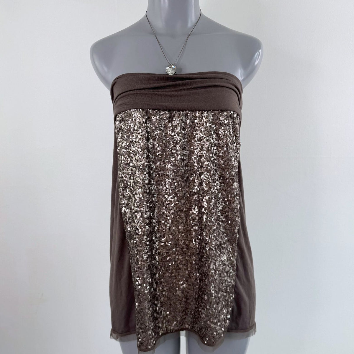 Y2K vintage strapless top sequin embellished ruched mesh trim party brown