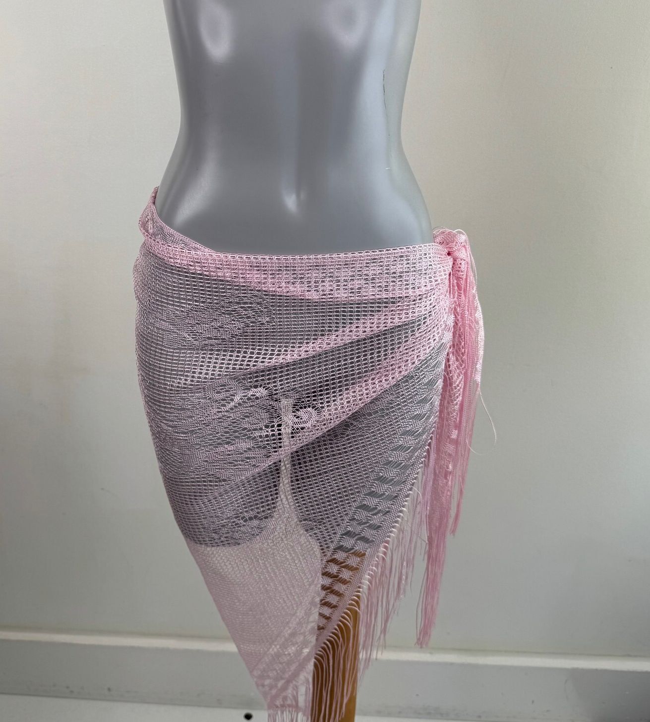 Y2K vintage sarong scarf fine knit lace sheer baby pink fringe floral cover up