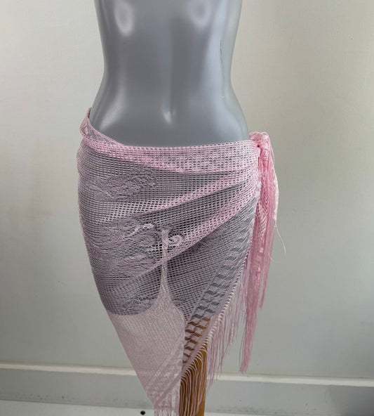 Y2K vintage sarong scarf fine knit lace sheer baby pink fringe floral cover up