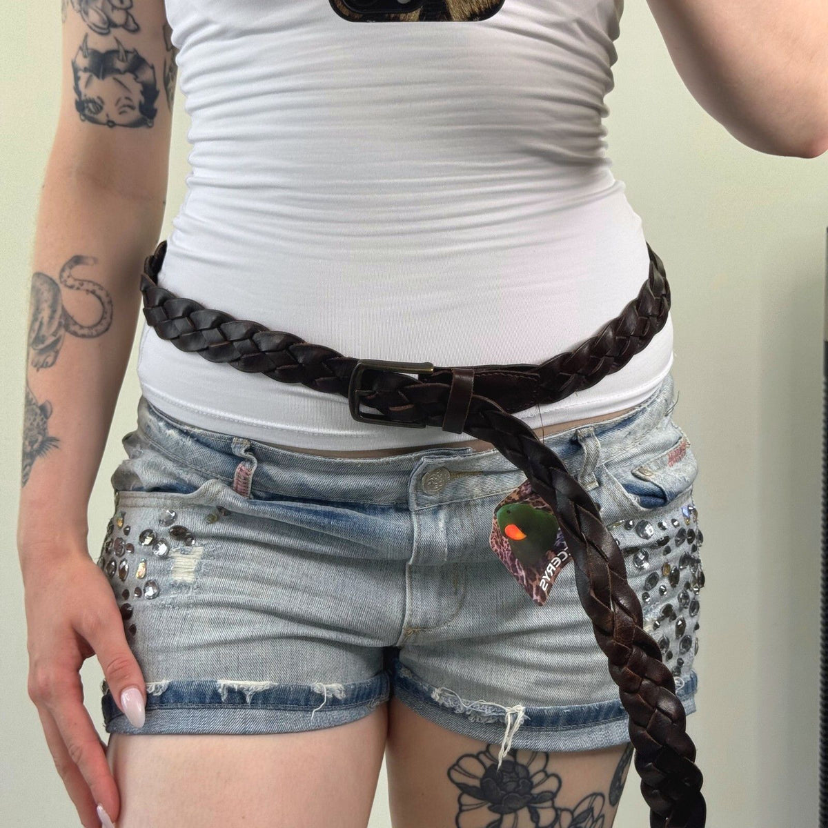 Y2K vintage genuine leather belt braided woven dark brown unisex