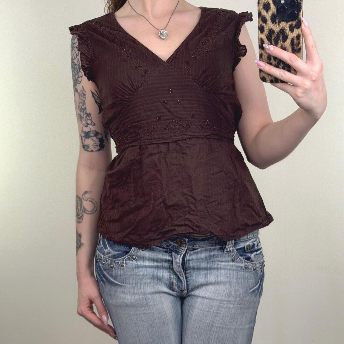 Y2K vintage blouse sleeveless pinstripe beaded embroidered tie back bow v neck
