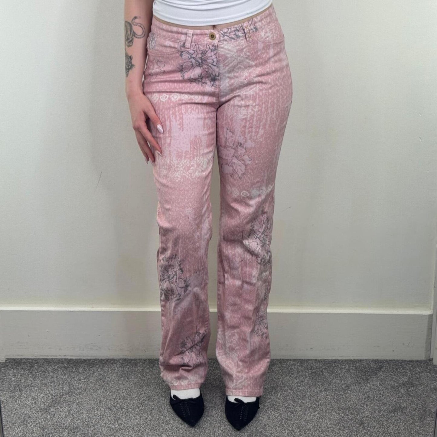 90s Y2K vintage bootcut denim jeans pink pattern floral rhinestones mid rise