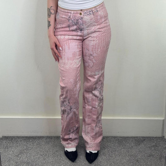 90s Y2K vintage bootcut denim jeans pink pattern floral rhinestones mid rise