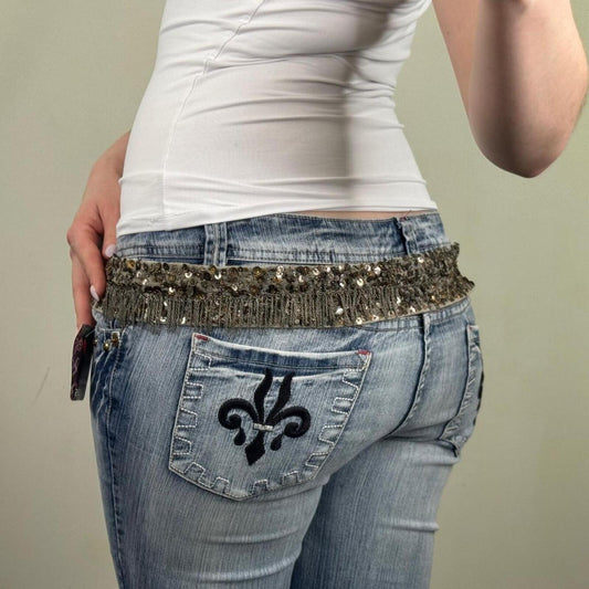 Y2K vintage boho belt embellished sequin fringe adjustable bow festival party