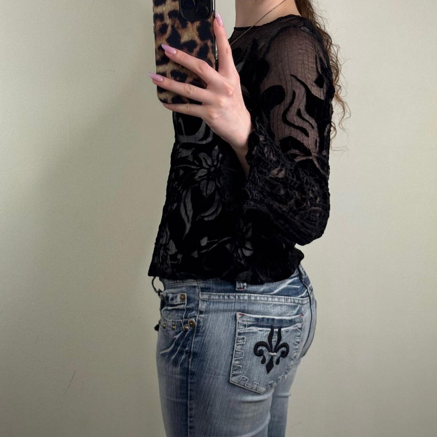 Y2K vintage long flare sleeve top sheer floral pattern black velvet crinkle