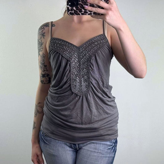 Y2K vintage beaded ruched slouchy cami top strappy embellished embroidery baggy