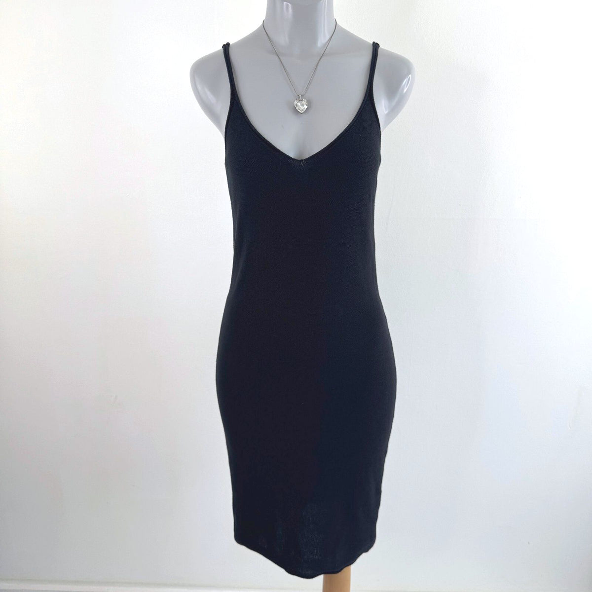 AllSaints knitted midi dress deep v neck black stretchy fitted knee length
