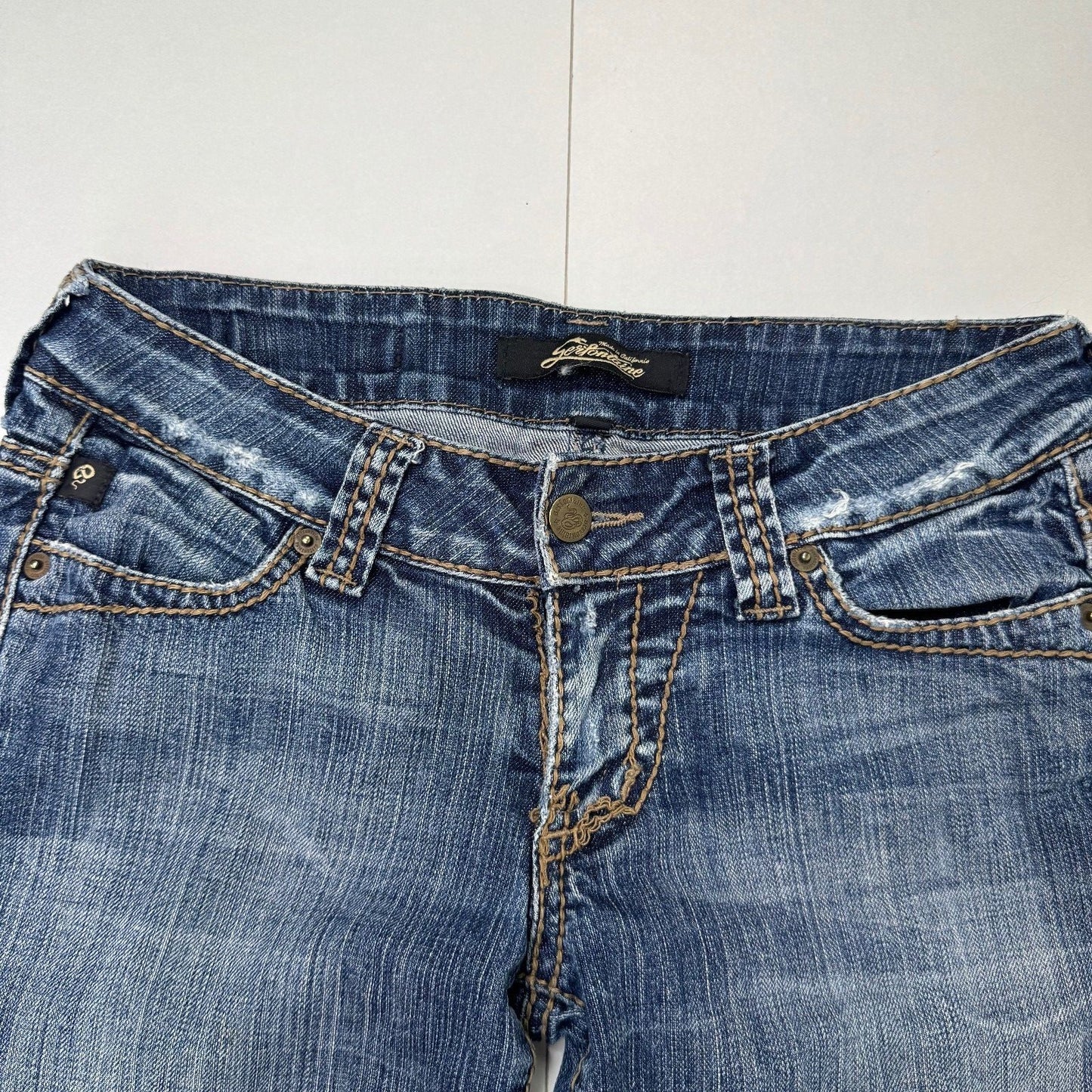 Y2K vintage low rise bootcut denim jeans mid blue faded wash studded distressed