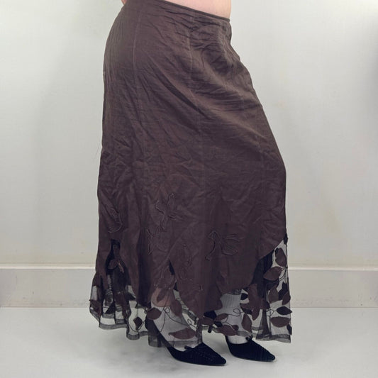 Y2K vintage Per Una maxi skirt 100% linen boho leaf sheer mesh brown a line