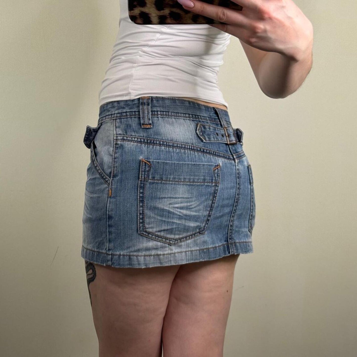 Y2K vintage denim mini skirt faded blue wash cargo pocket low rise