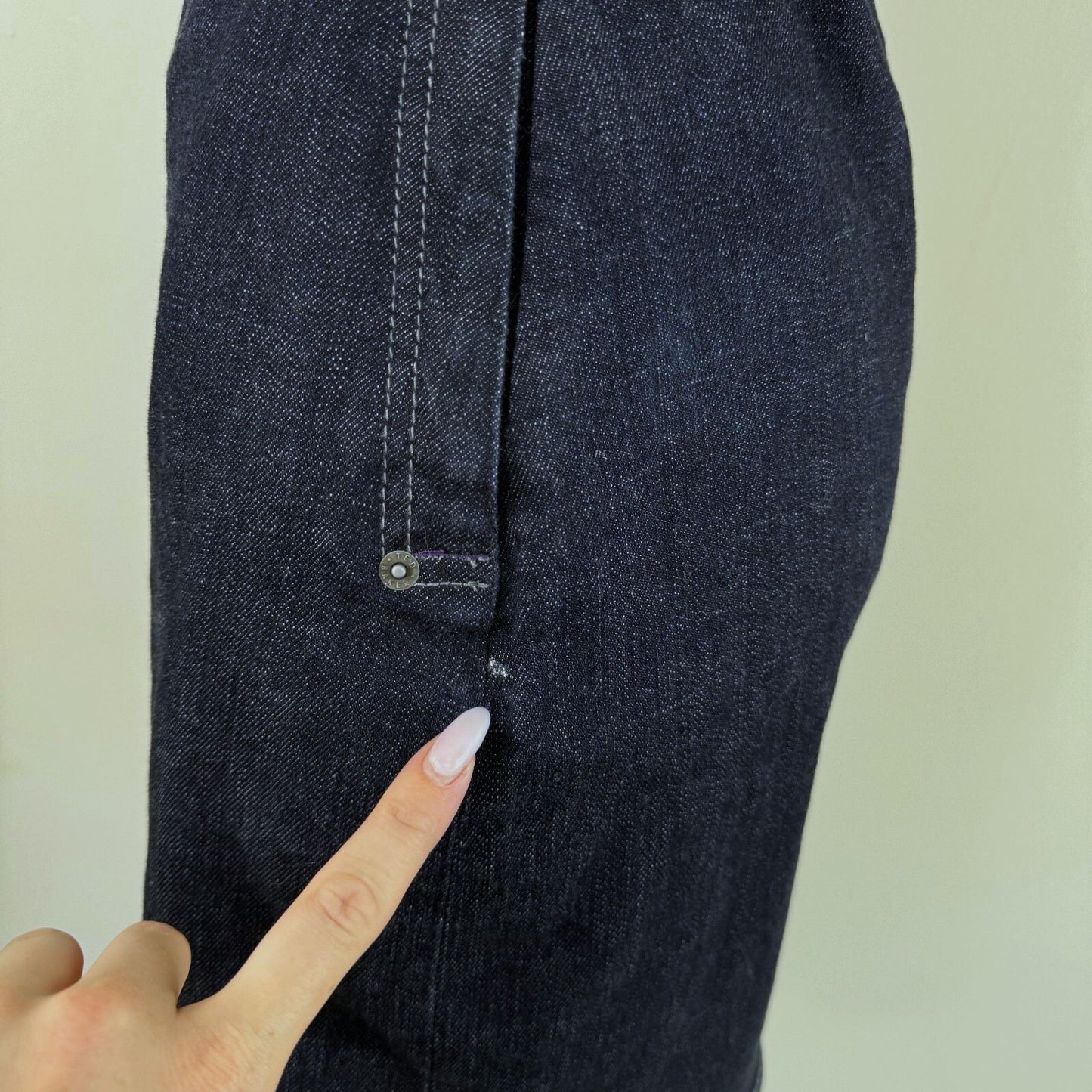 Y2K vintage Ted Baker denim mini dress ruffle bust button up sleeveless fitted