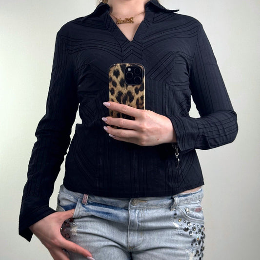 Y2K vintage blouse fitted long sleeve shirt stripe v neck collar office work