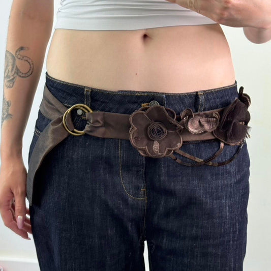 Y2K vintage adjustable floral 3D satin sequin belt embellished o d ring tartan