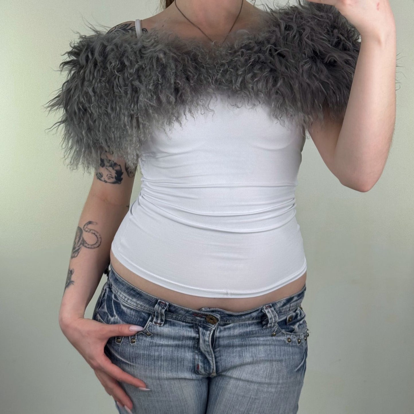 Vintage mongolian fur scarf shawl grey wool