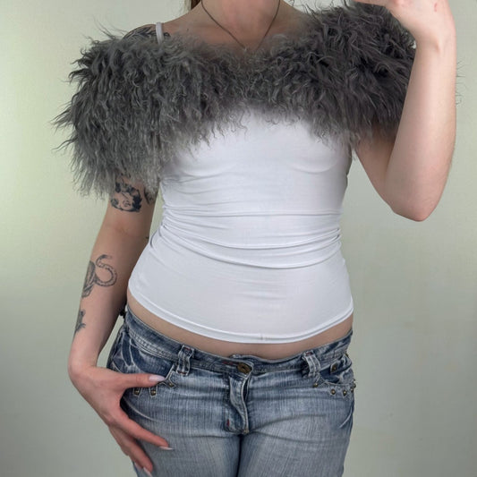Vintage mongolian fur scarf shawl grey wool