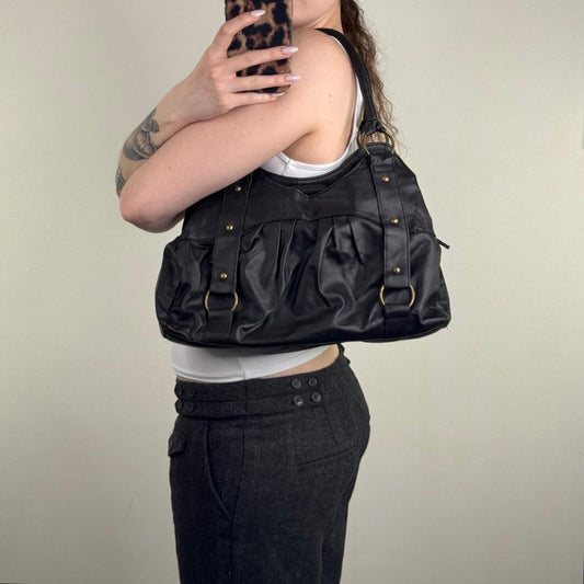 Y2K vintage shoulder bag faux leather studded ruched o ring medium size