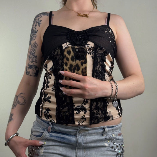 Y2K vintage corset style cami top lace trim beaded embellished patchwork
