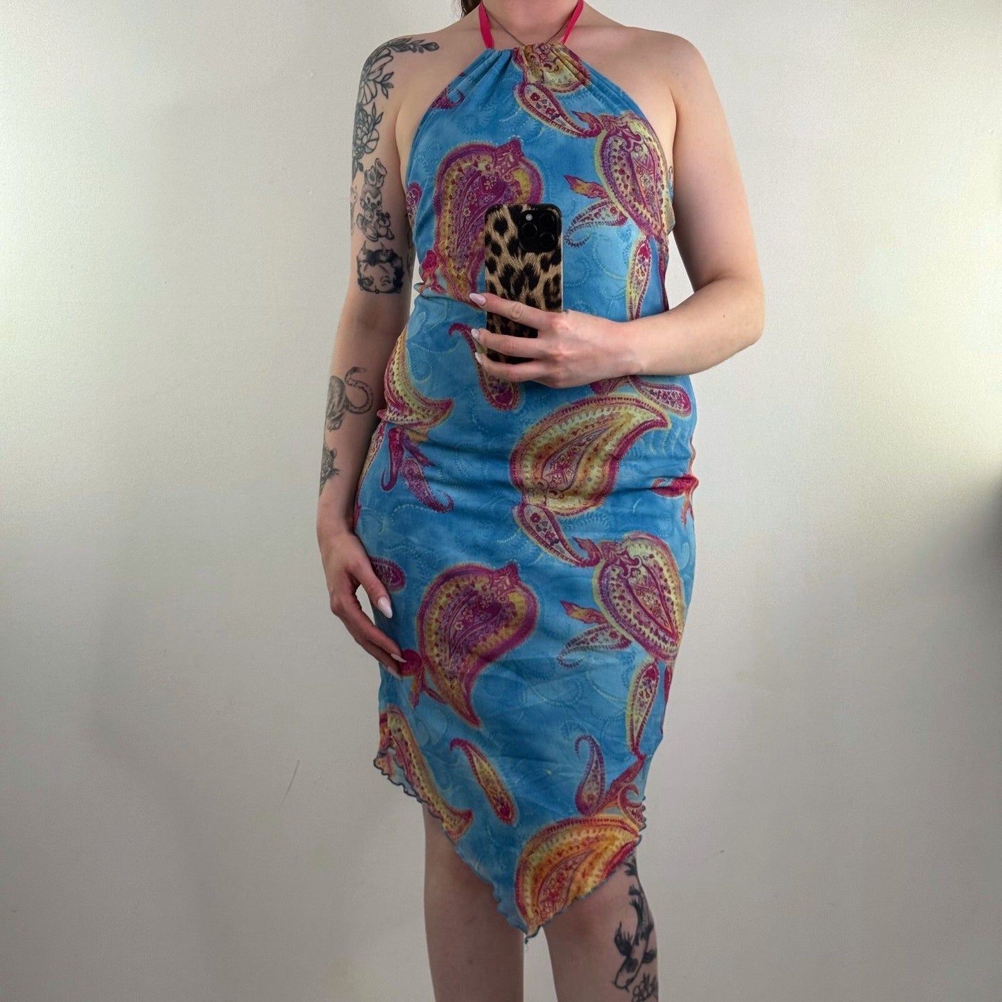 Y2K vintage paisley print midi dress asymmetrical hem halter neck mesh overlay