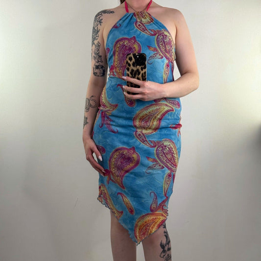 Y2K vintage paisley print midi dress asymmetrical hem halter neck mesh overlay