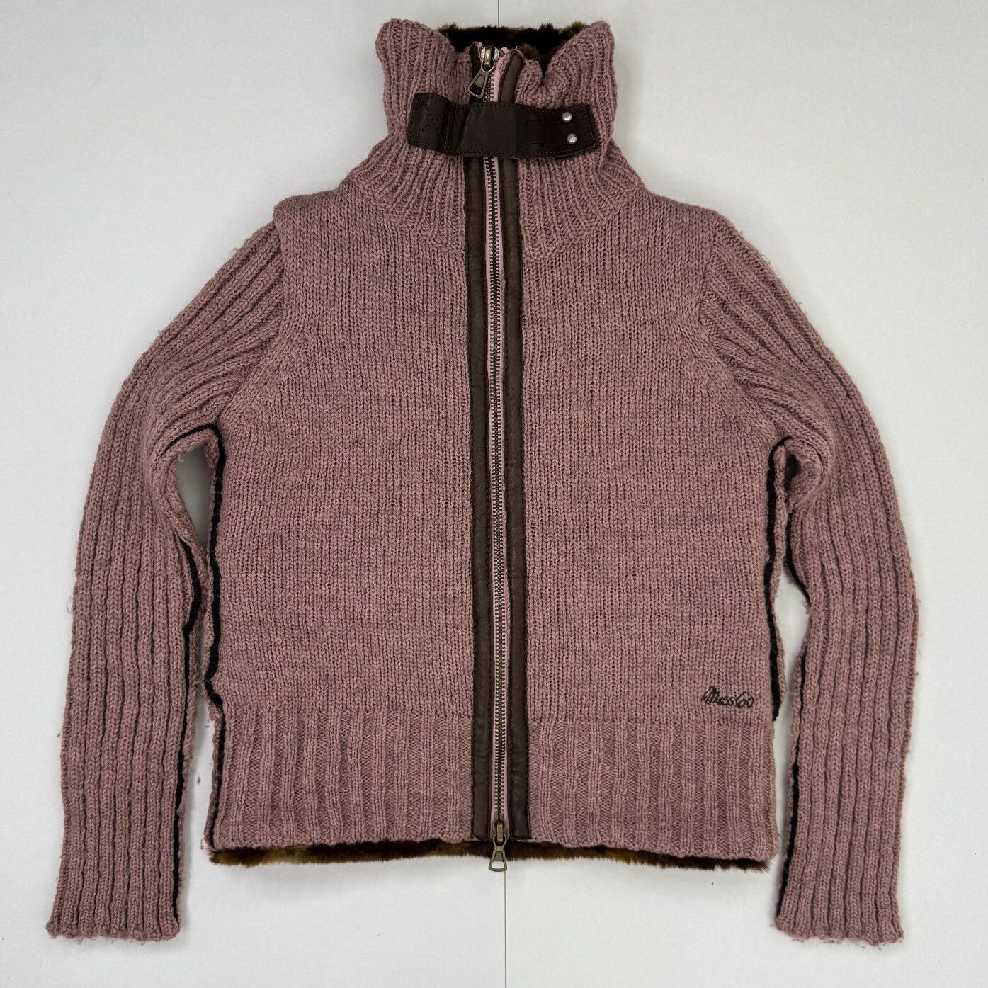 Y2K vintage Miss Sixty zip up jumper chunky knit wool high roll neck faux fur