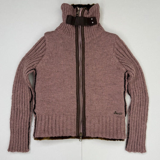 Y2K vintage Miss Sixty zip up jumper chunky knit wool high roll neck faux fur