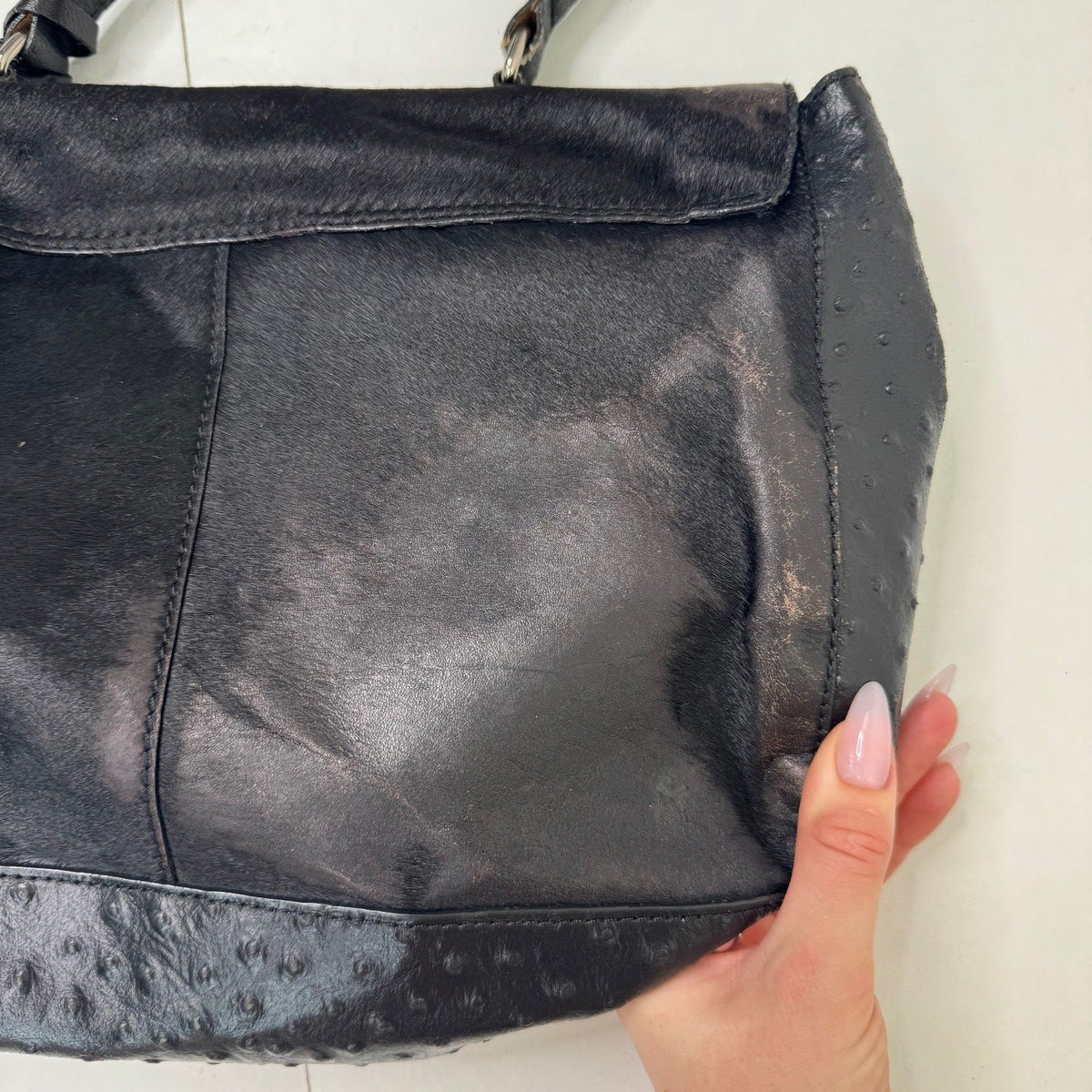 Y2K vintage pony hair handbag leather ostrich effect pattern fringe medium
