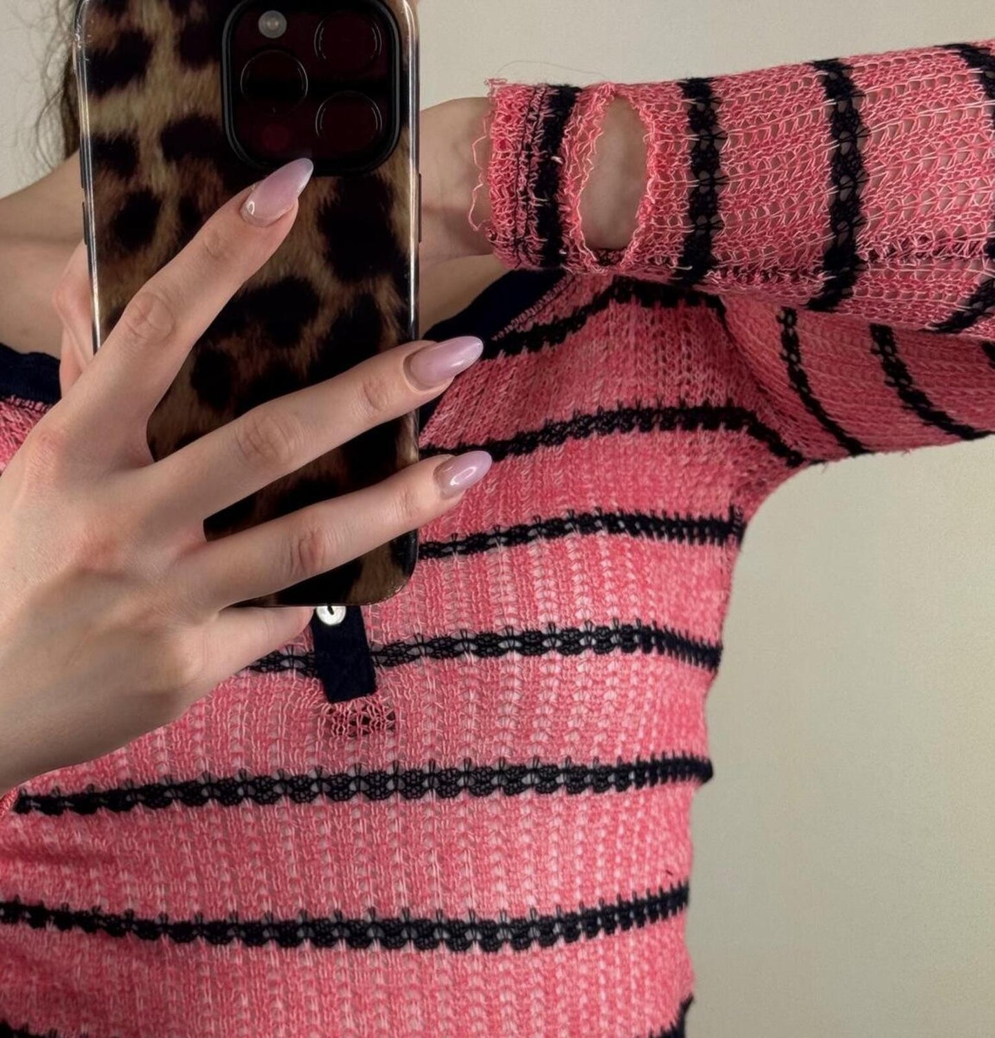 Vintage Aeropostale henley long sleeve fine knit top stripe button pink navy
