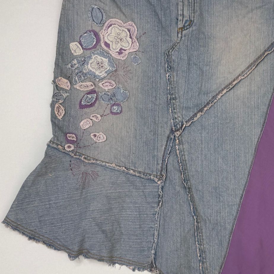 Y2K vintage denim midi skirt asymmetrical floral fairy boho embroidered a line