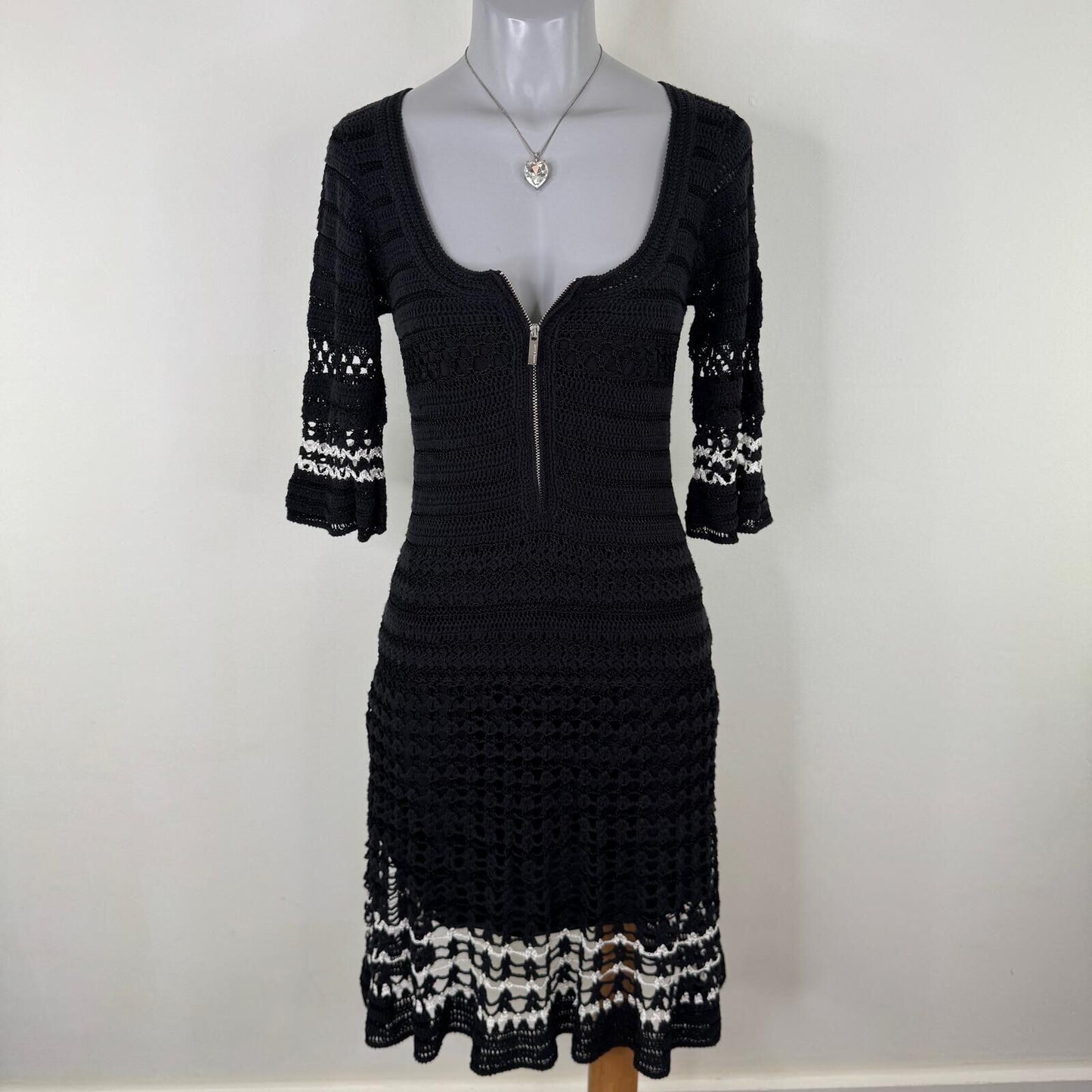 Vintage Karen Millen midi dress half sleeve scoop neck zip crochet knit summer