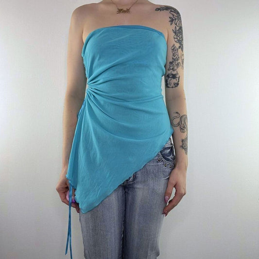 Y2K vintage strapless top asymmetrical mesh ruched fairy turquoise