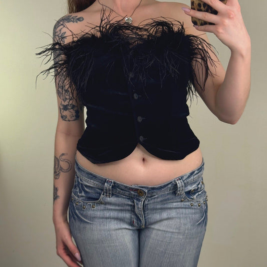 Vintage 1980s Laura Ashley bustier top boned velvet feather trim button up crop