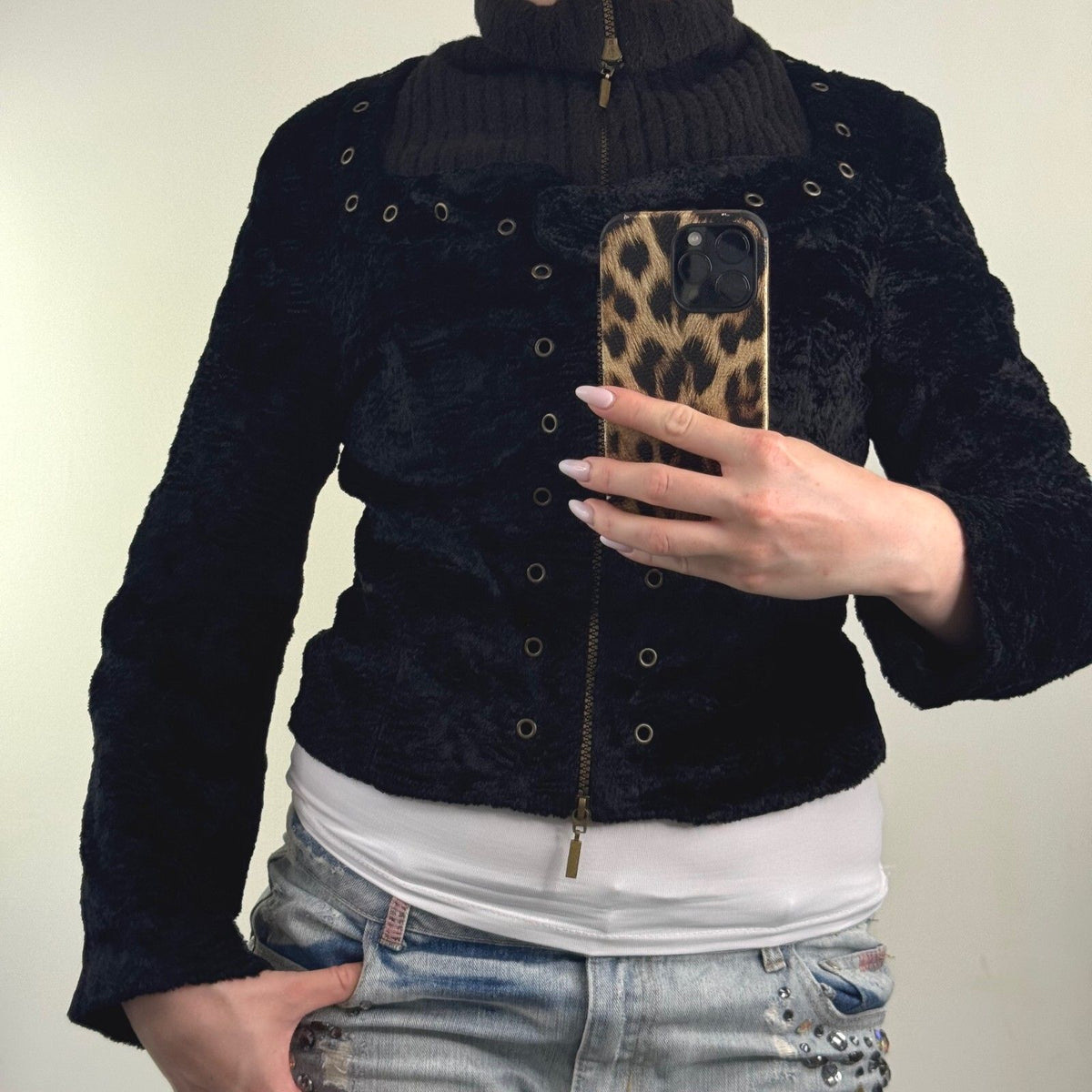 Y2K vintage bomber jacket zip up short grommet high neck knit faux fur archive