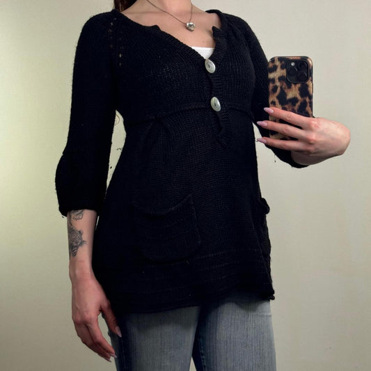 Y2K vintage chunky knit jumper button up wool blend 3/4 balloon sleeve v neck