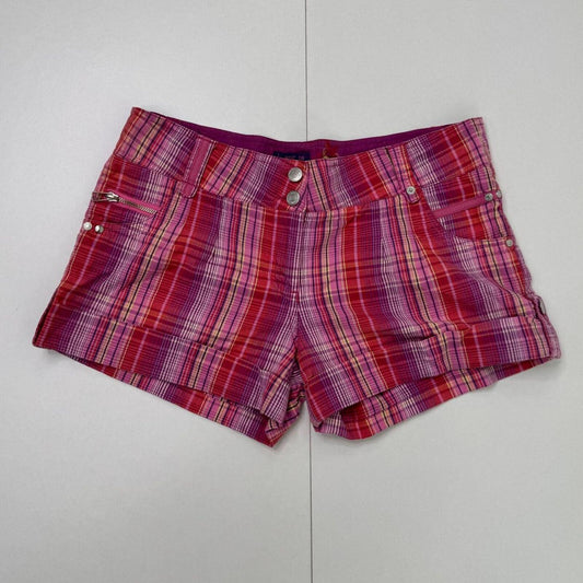 Y2K vintage mini shorts tartan check print cargo pink purple red utility