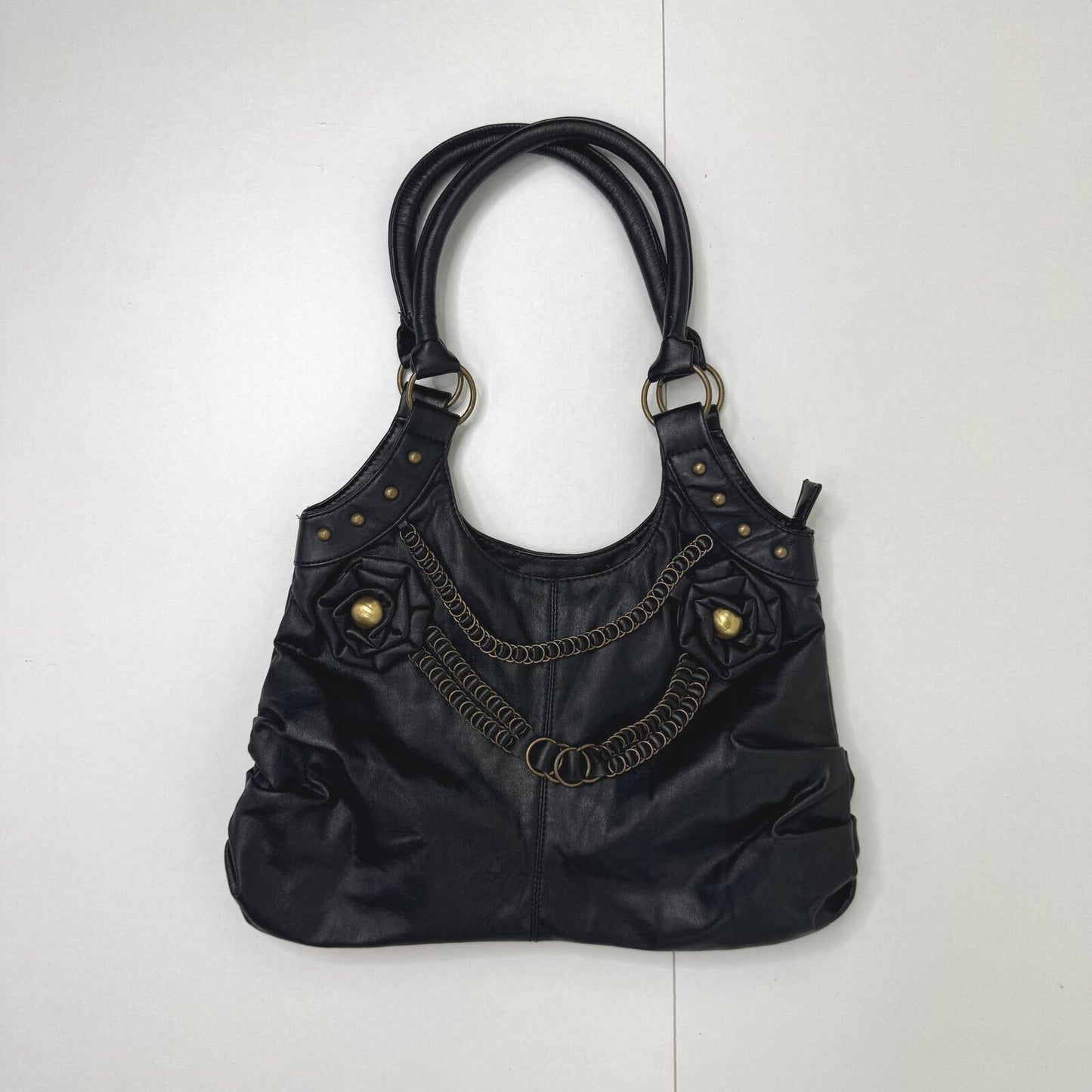 Y2K vintage shoulder bag faux leather studded rose o rings medium black gold
