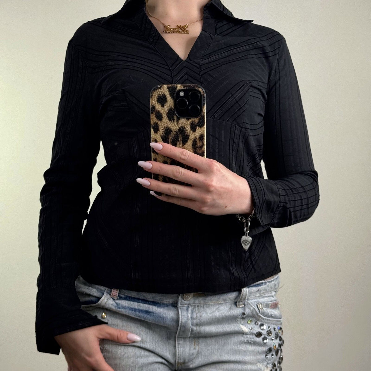 Y2K vintage blouse fitted long sleeve shirt stripe v neck collar office work