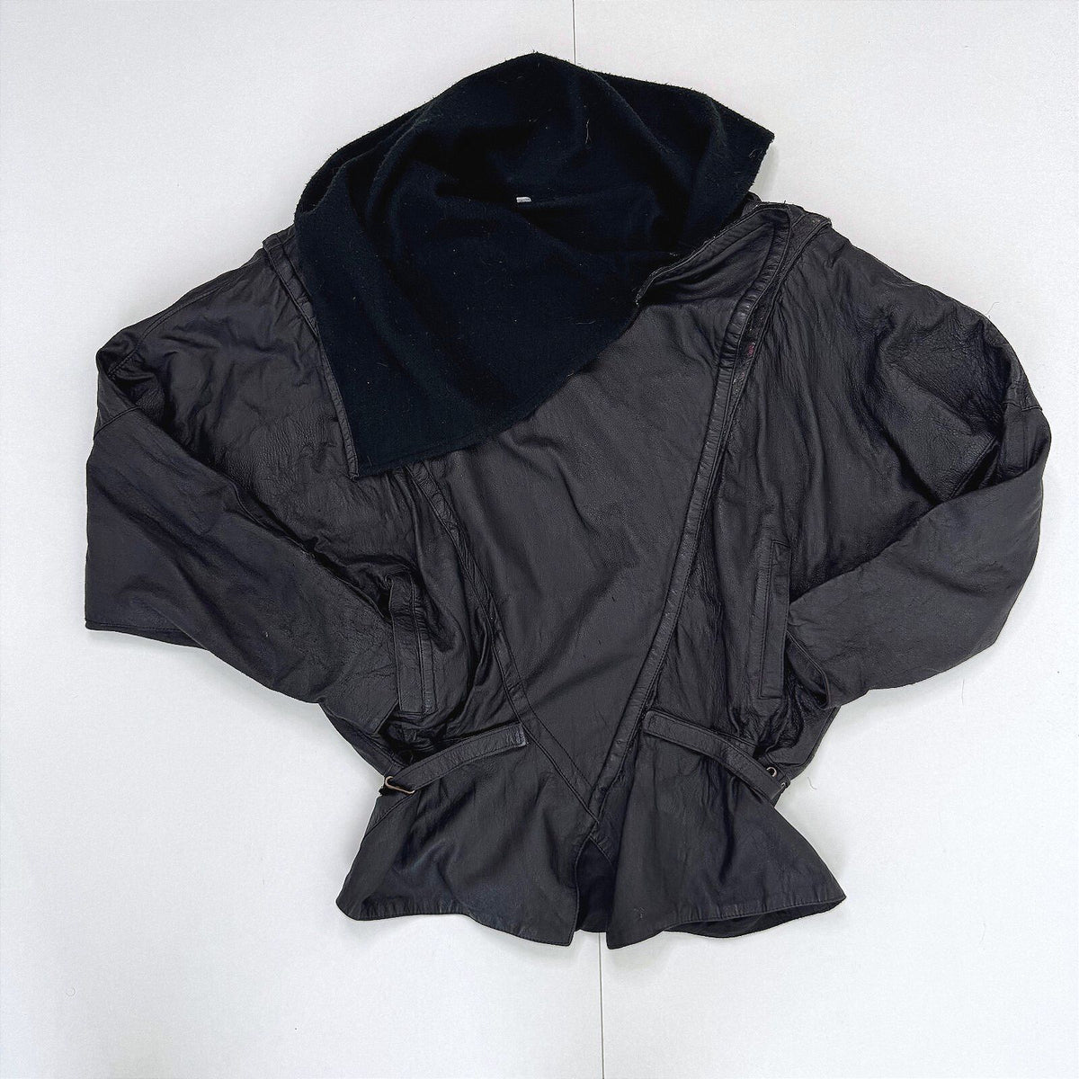 Vintage Genuine Leather Batwing Wrap Jacket Oversized Cowl Collar Statement 80s