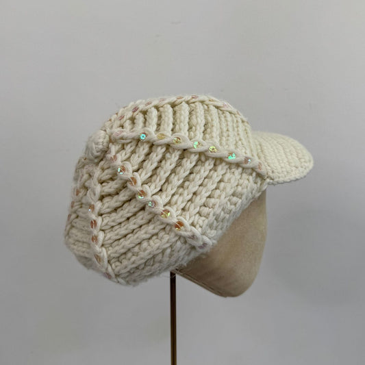 Y2K vintage baker boy hat newspaper chunky knit sequin cream