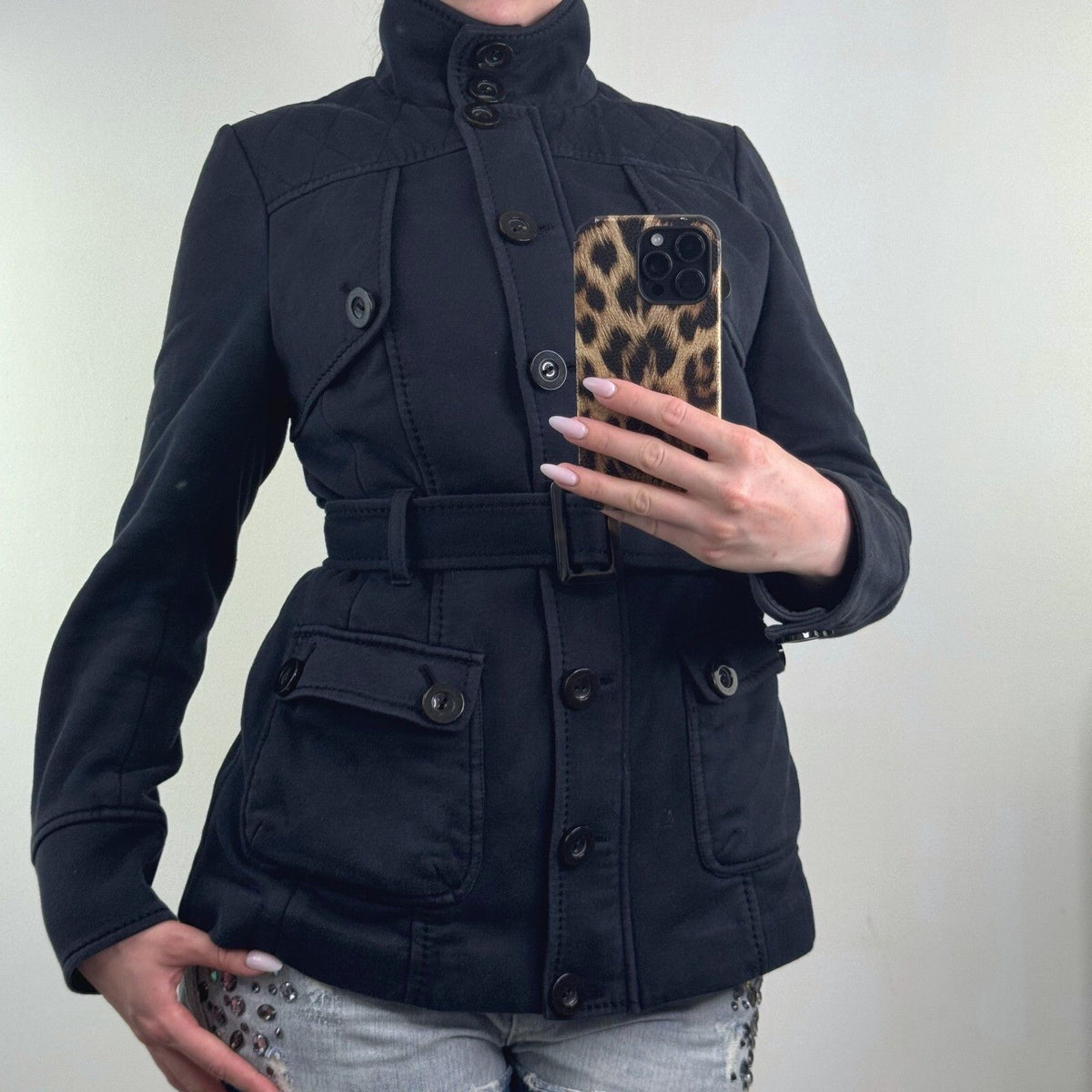 Y2K vintage high neck jacket full zip up belted button stretchy quilted trench