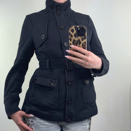 Y2K vintage high neck jacket full zip up belted button stretchy quilted trench
