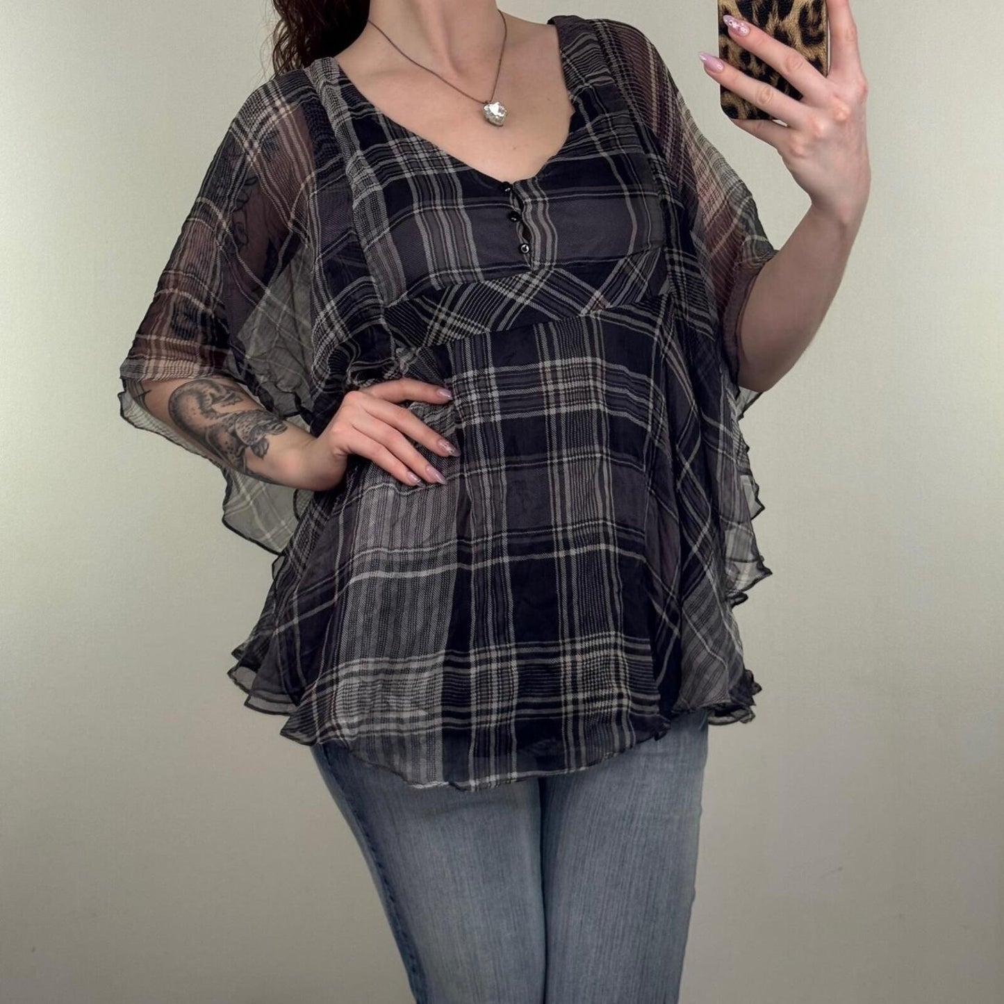 Y2K vintage blouse tartan flare sheer half sleeve v neck flowy check print