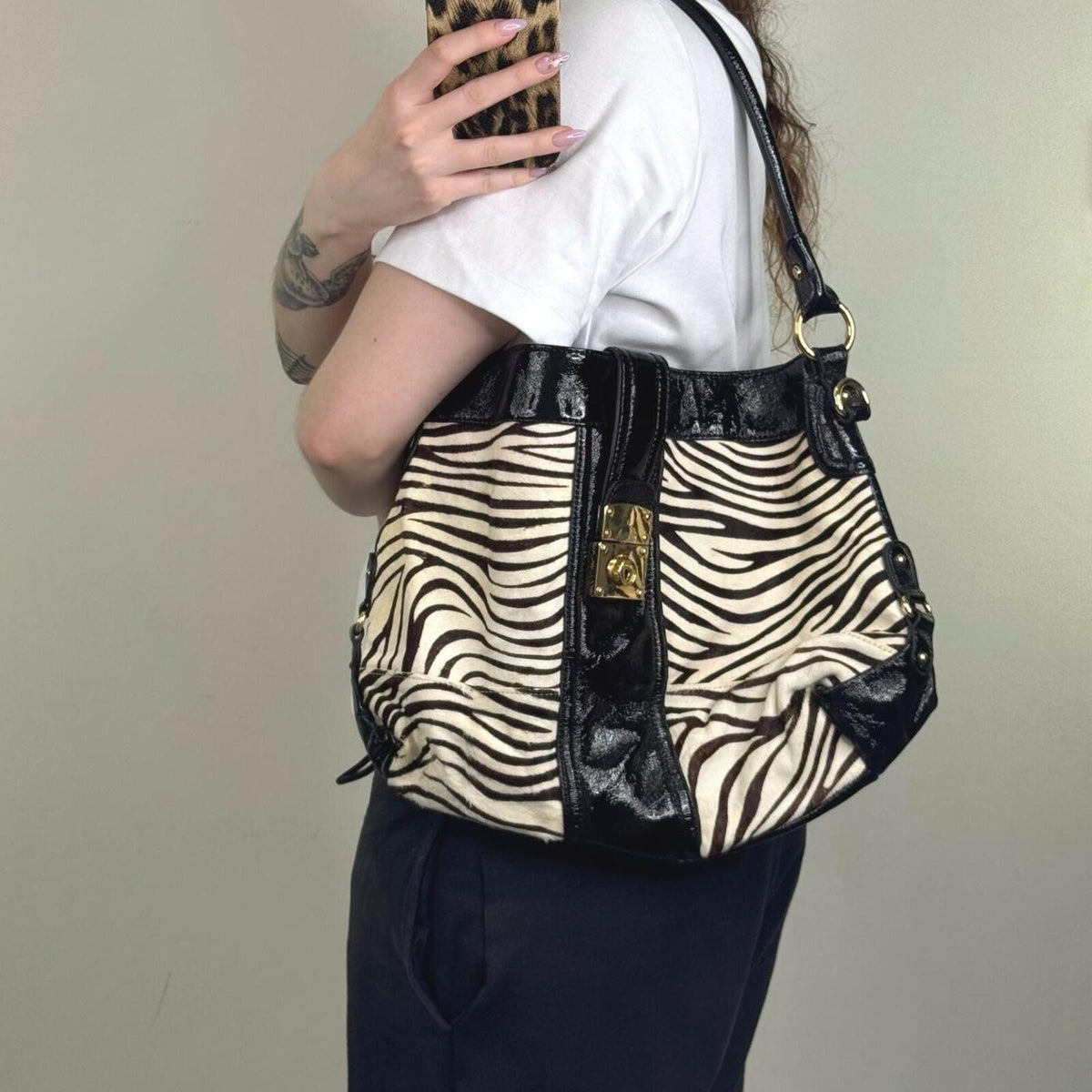 Y2K vintage shoulder bag zebra pony hair genuine leather hobo slouch large lock