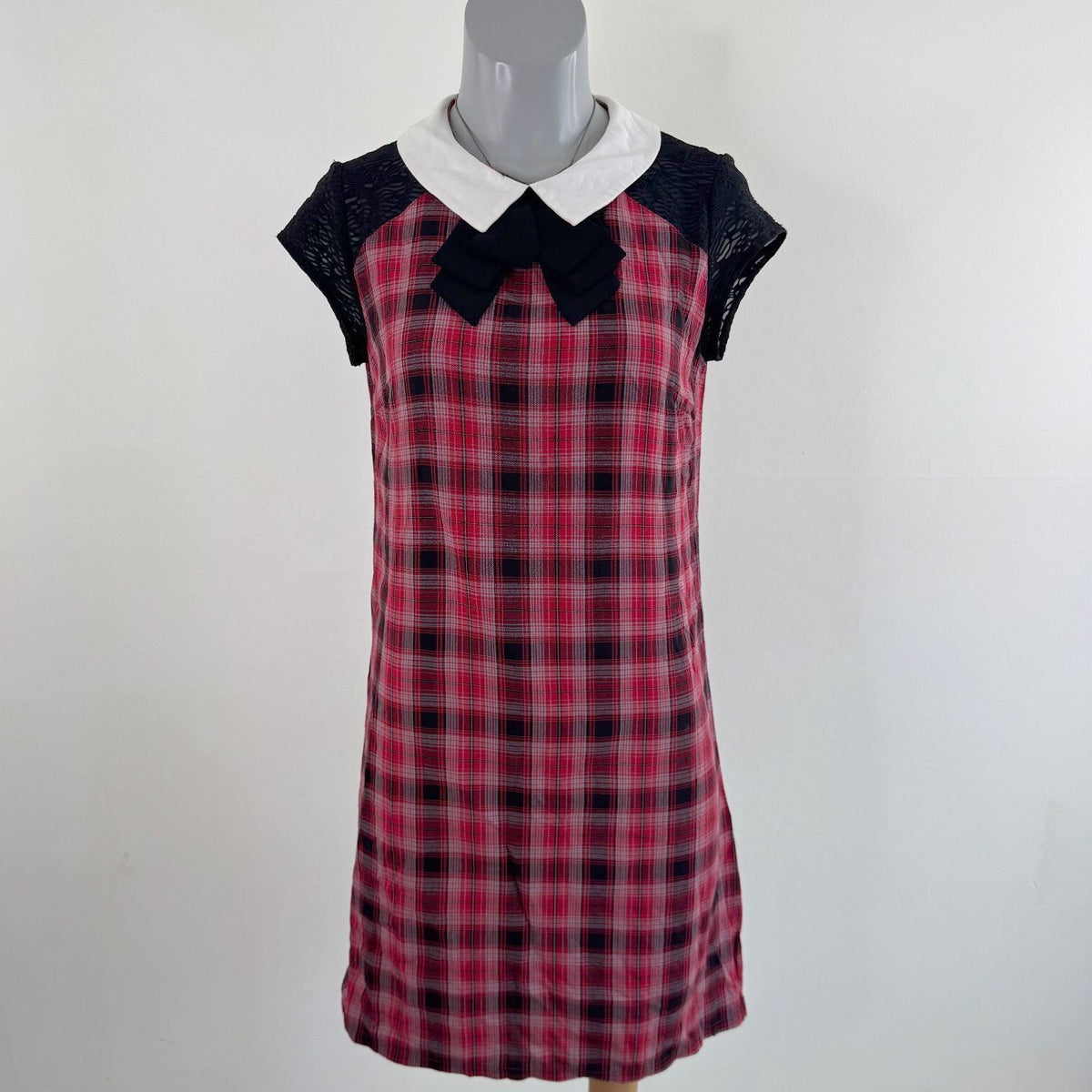 Y2K vintage tartan mini dress bow a line collar short sleeve sheer plaid print