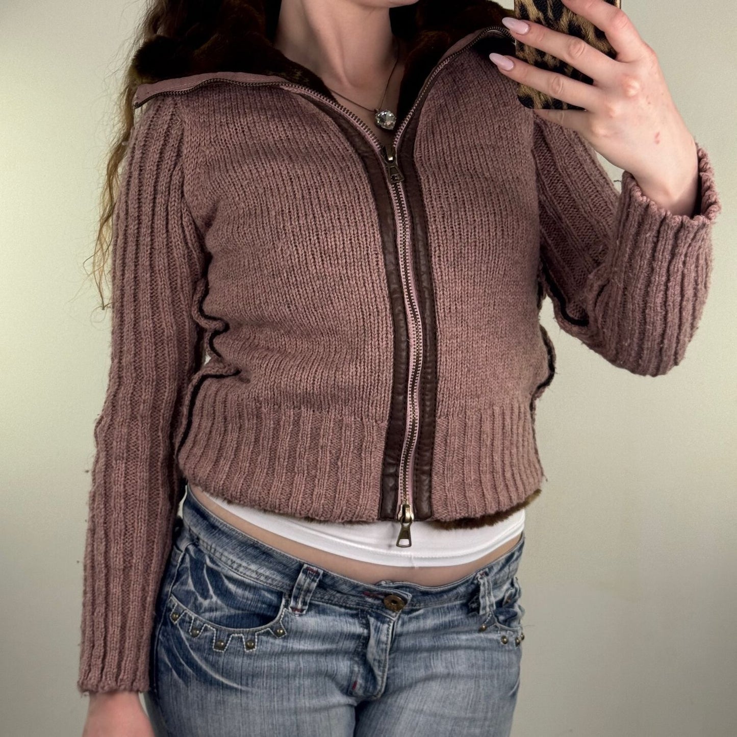 Y2K vintage Miss Sixty zip up jumper chunky knit wool high roll neck faux fur