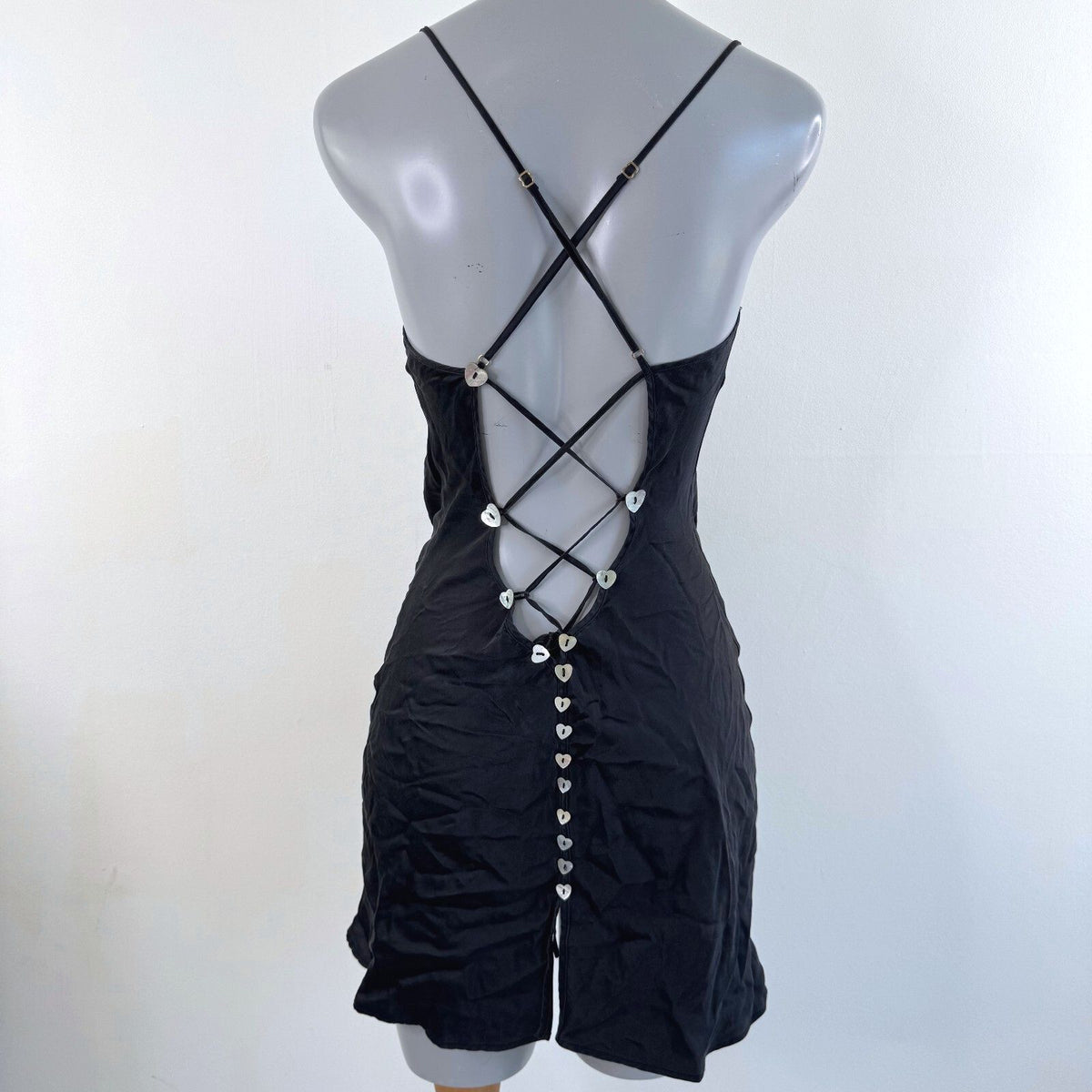 Marjolaine vintage 100% silk mini dress heart shells lace up open back slip
