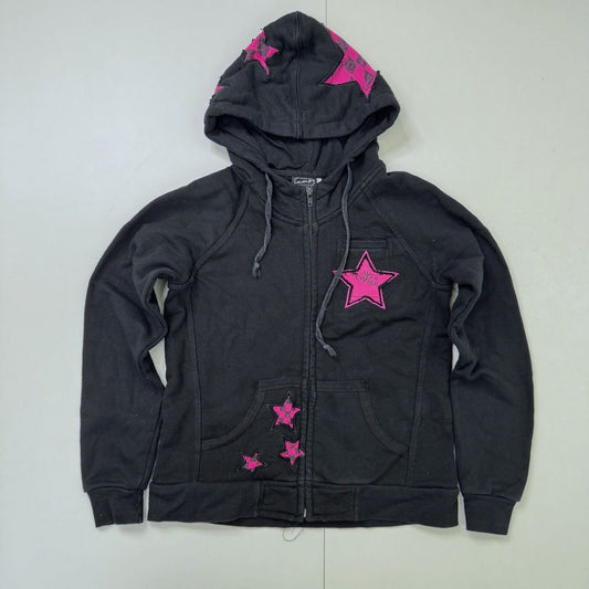 Vintage Y2K Rare Avril Lavigne AMP Merch Pink Star Zip Hoodie Emo Scene Black