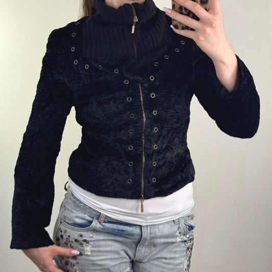 Y2K vintage bomber jacket zip up short grommet high neck knit faux fur archive